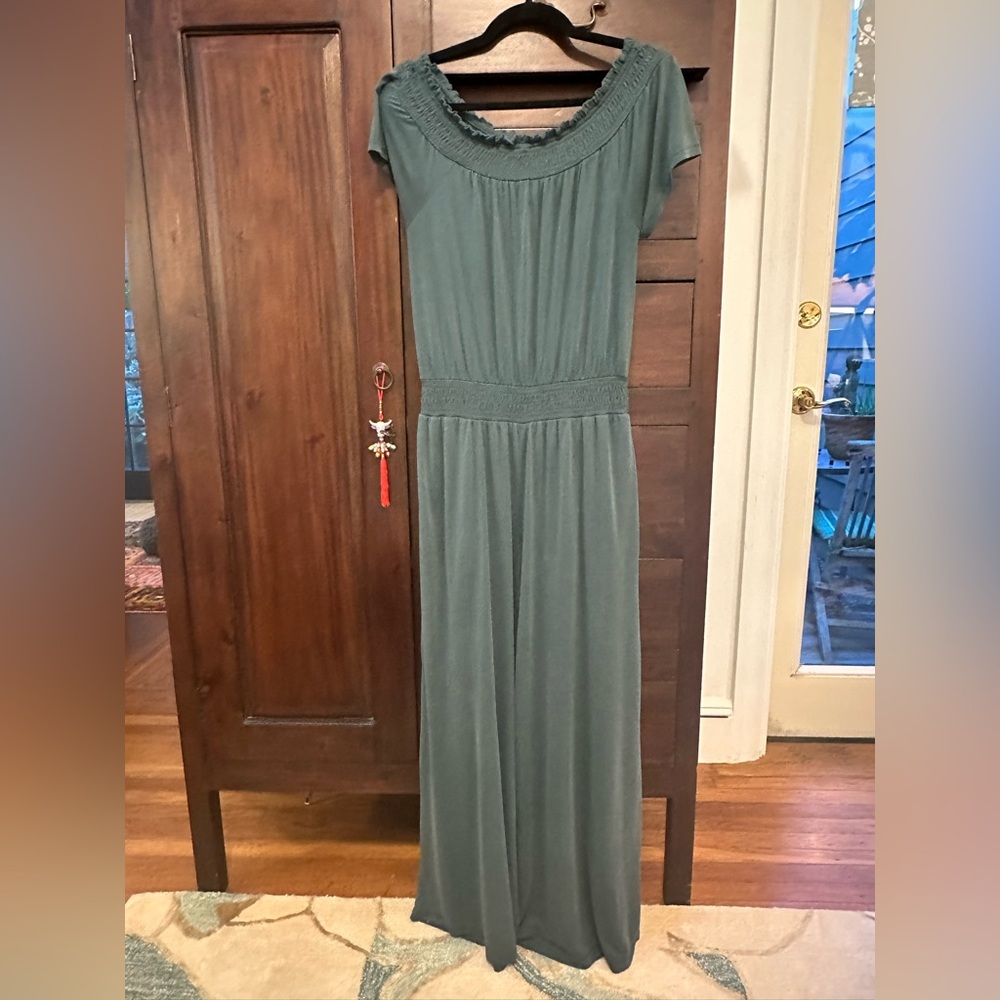 Saturday Sunday (Anthropologie) teal off-the-shoulder wide leg jumpsuit - MP - Picture 3 of 12